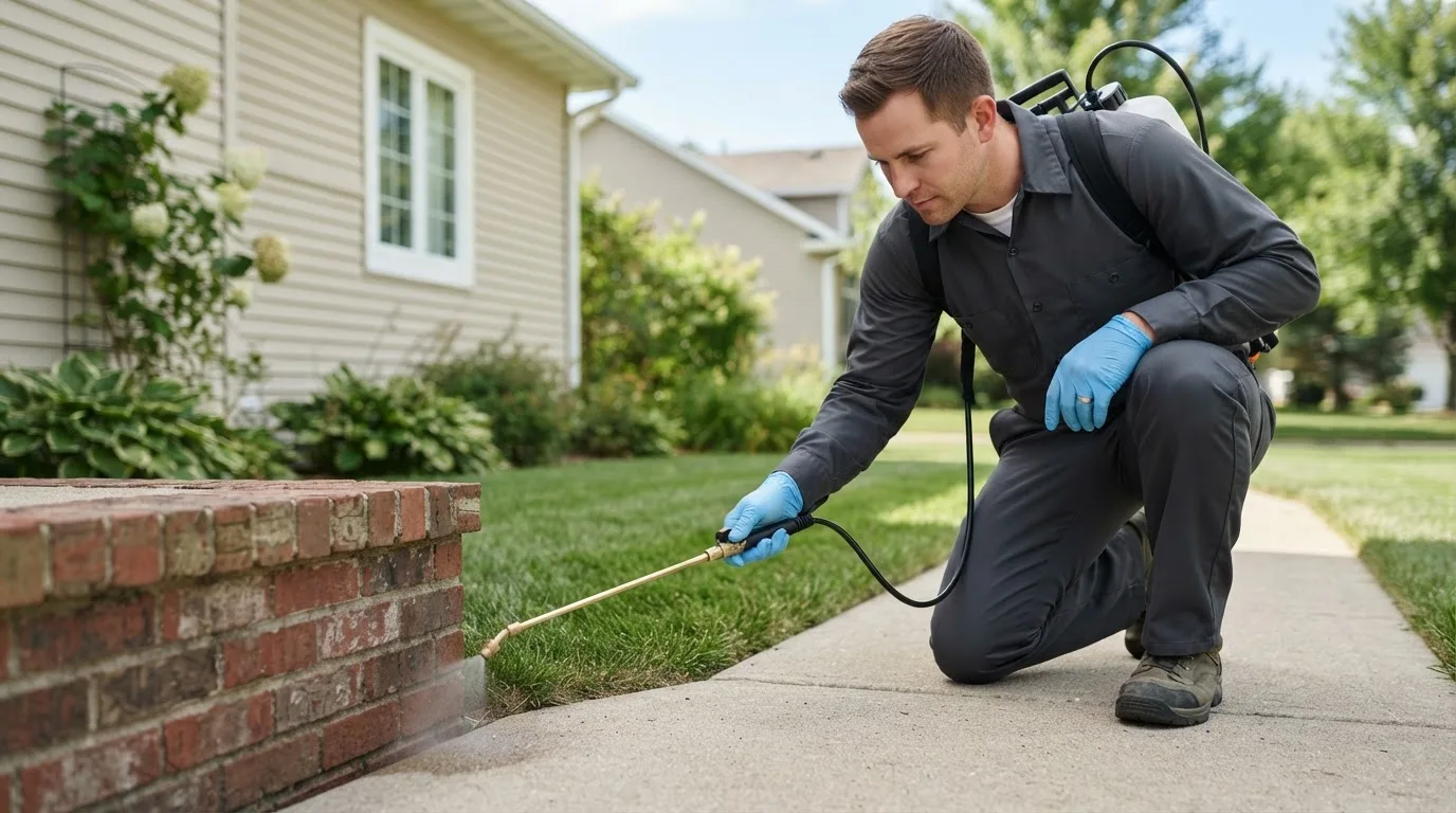 Pest control technician treating a home near Shelton, CT